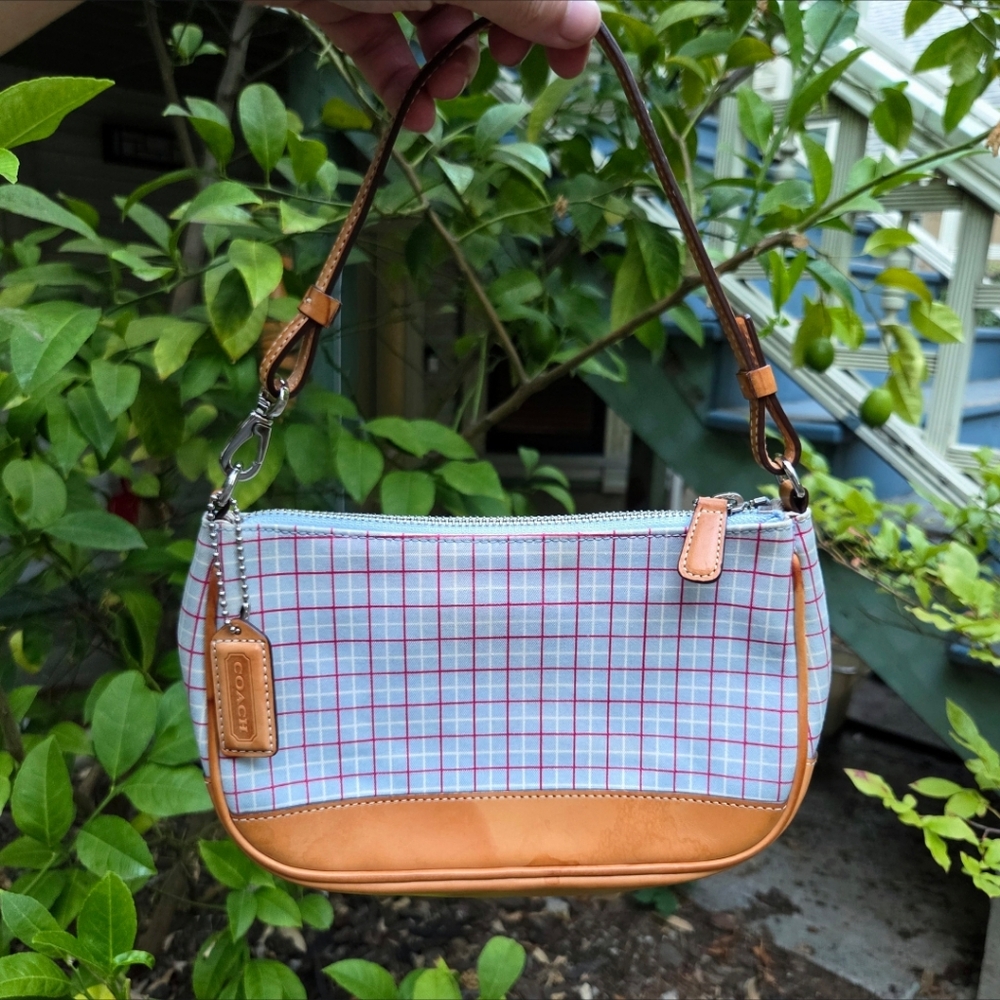 Coach Y2K Demi Blue/Pink Plaid Canvas and Leather Vintage Shoulder Bag